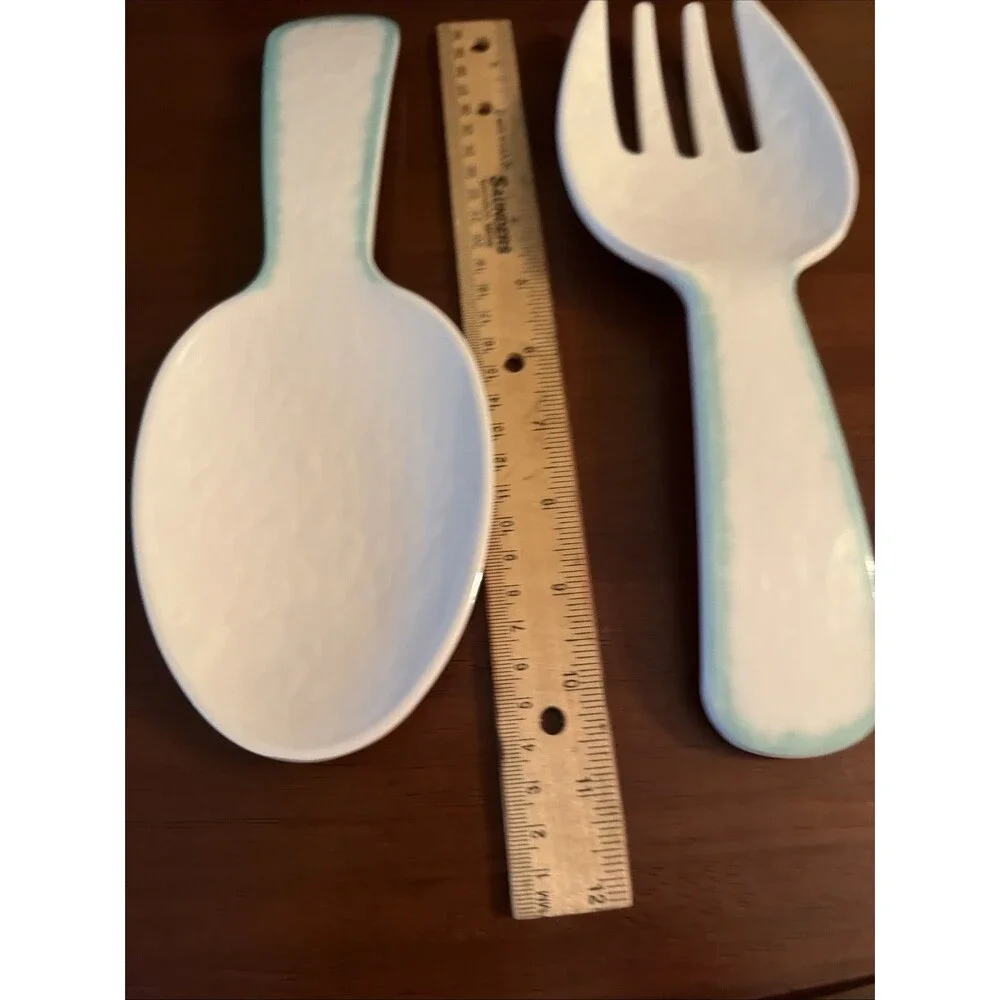 Laurie Gates Salad Server Tray Set Spoon & Fork White Teal Trim 10.5